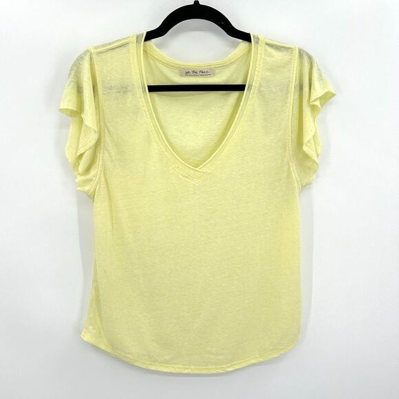 FREE PEOPLE We The Free Yellow Burn Out V-Neck Flutter Sleeve T-Shirt Size Small - Picture 1 of 5